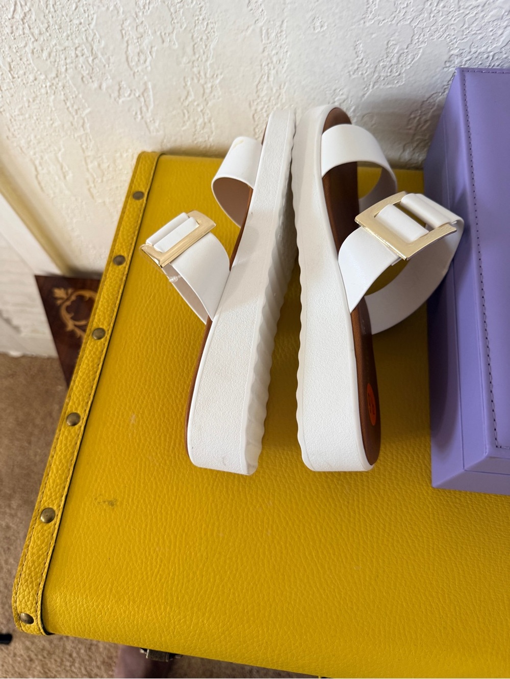 White Platform Slide Sandals with Gold Buckle Accent